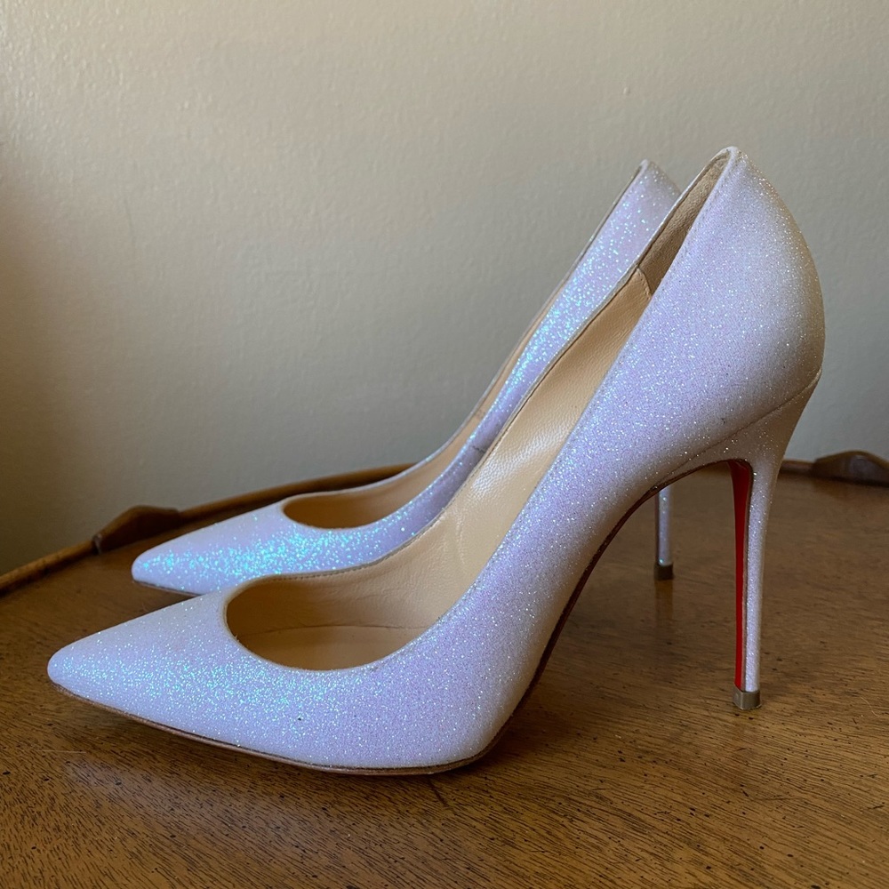 Christian Louboutin 🚨 SALE 🚨White Pink Glitter Kate Pumps Size 36.5 AUTHENTIC
